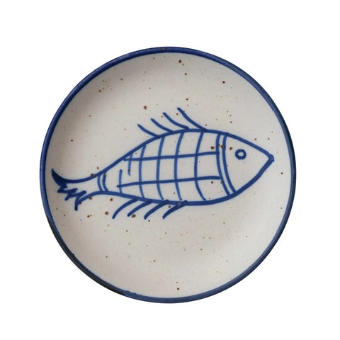 Hand-Painted Round Stoneware Plate w/ Fish