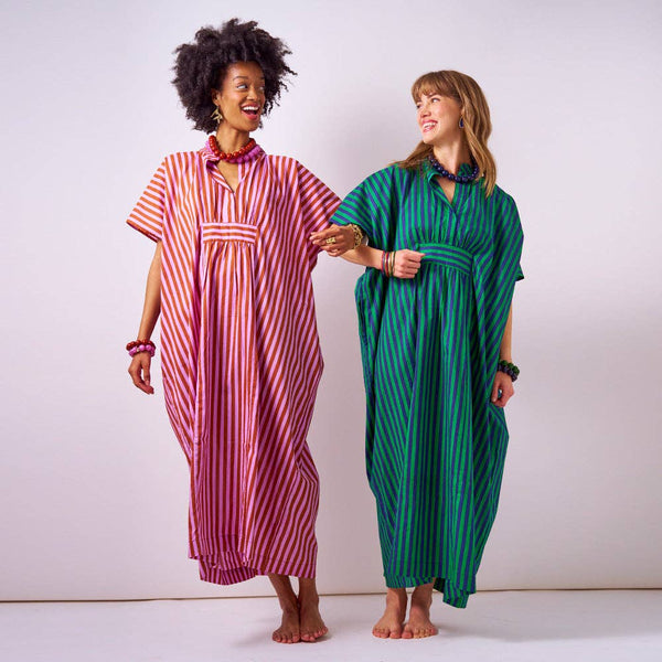 Margot Stripe Kaftan Aqua + Chartreuse Dress