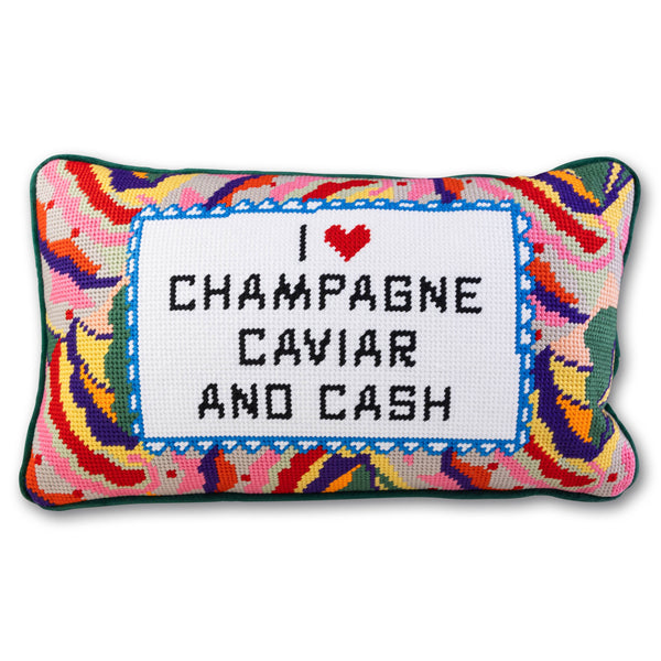 Champagne, Caviar and Cash Needlepoint Pillow