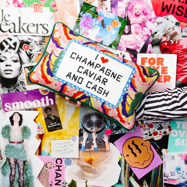 Champagne, Caviar and Cash Needlepoint Pillow