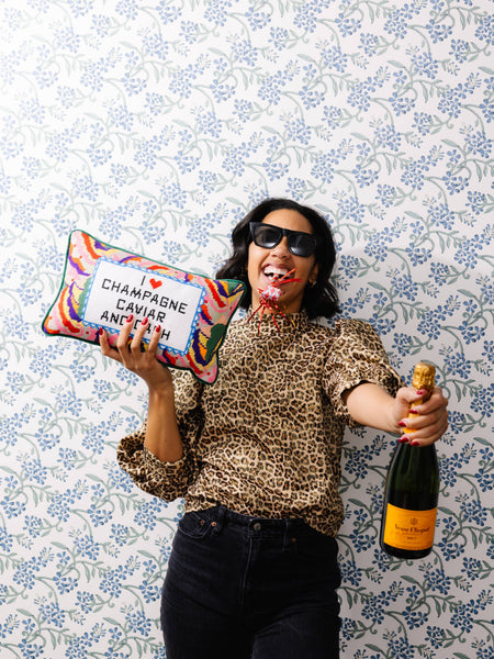 Champagne, Caviar and Cash Needlepoint Pillow