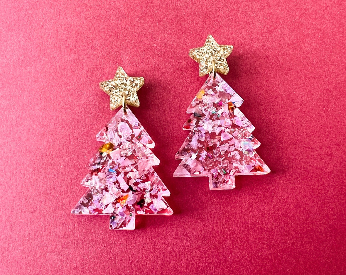 Pink Glitter Christmas Tree Dangle Earrings