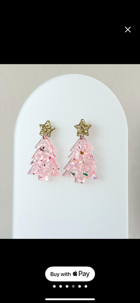 Pink Glitter Christmas Tree Dangle Earrings