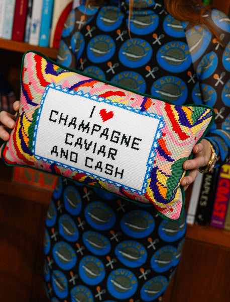 Champagne, Caviar and Cash Needlepoint Pillow