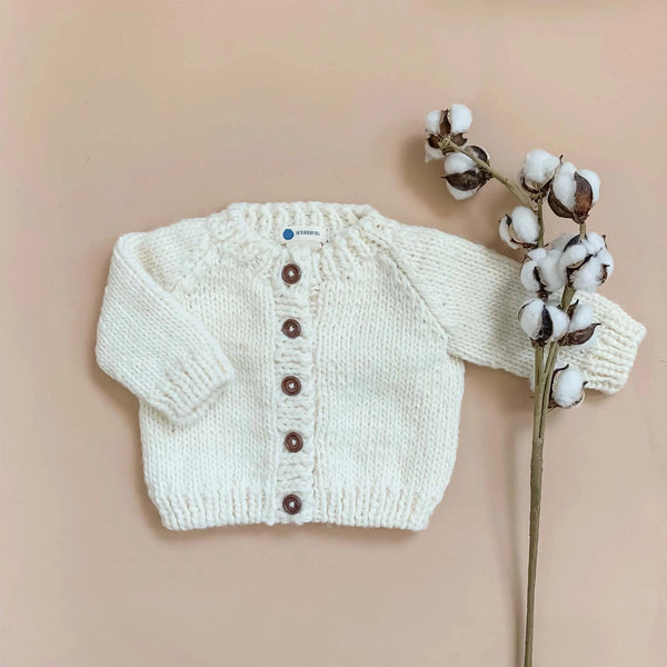 Classic Cardigan Hand Knit Kid's Sweater - Cream