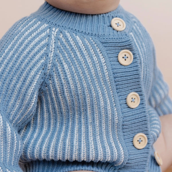 Cotton Brioche Stripe Kid's Cardigan - Dusty Blue