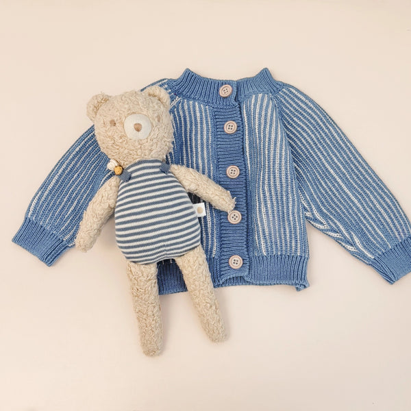 Cotton Brioche Stripe Kid's Cardigan - Dusty Blue