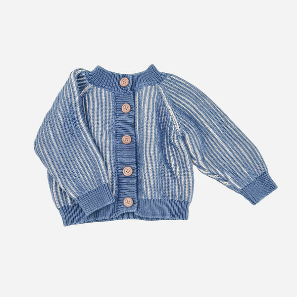 Cotton Brioche Stripe Kid's Cardigan - Dusty Blue