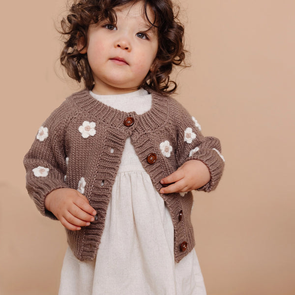 Tan Flower Cardigan Kid's Sweater