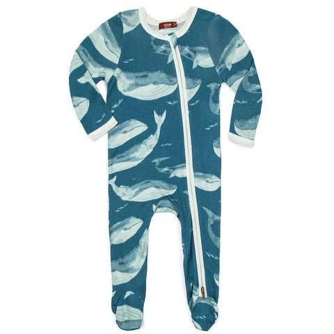 Milkbarn Blue Whale Bamboo Zipper Footed Romper