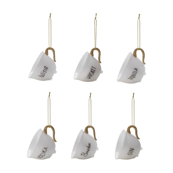 3-3/4"L Glass Teacup Ornament with Alcohol Name, White, 6 Styles