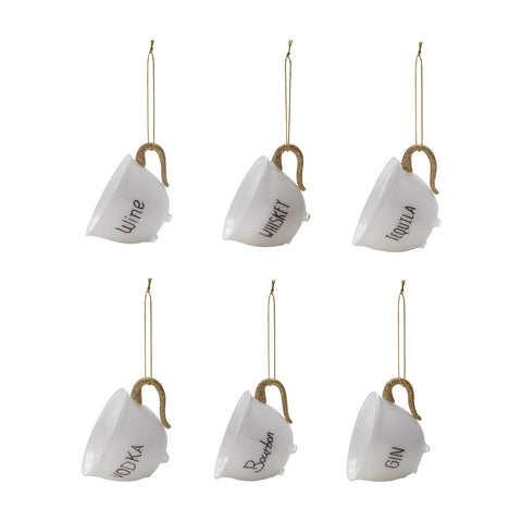 3-3/4"L Glass Teacup Ornament with Alcohol Name, White, 6 Styles