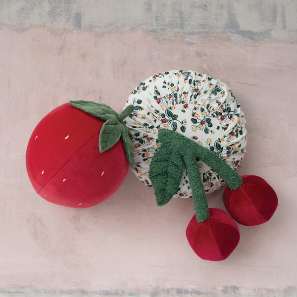 Cotton Velvet Strawberry Shaped Pillow w/ Embroidery, Red, Green & Yellow