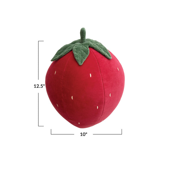 Cotton Velvet Strawberry Shaped Pillow w/ Embroidery, Red, Green & Yellow