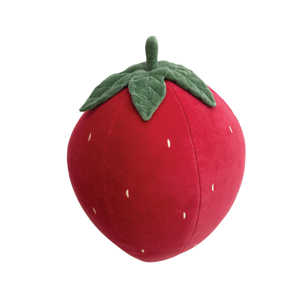 Cotton Velvet Strawberry Shaped Pillow w/ Embroidery, Red, Green & Yellow