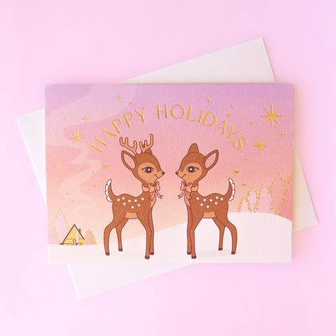 Happy Holidays Retro Deer Gold Foil Greeting Card