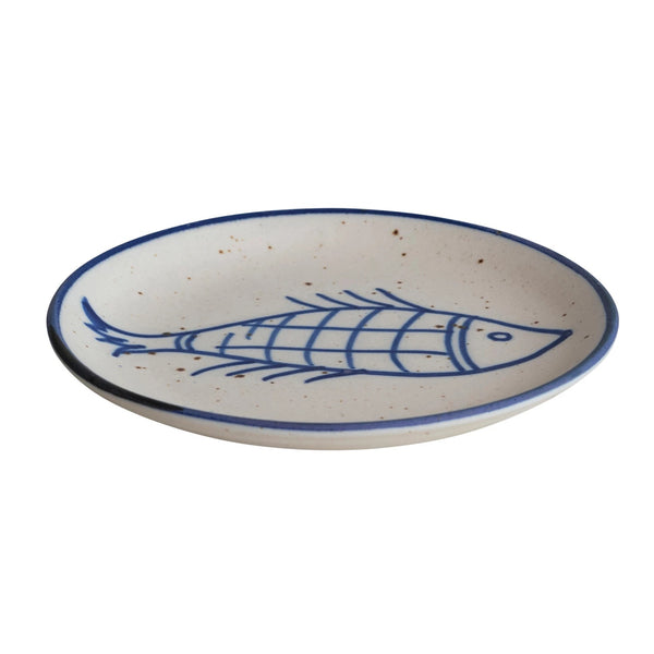 Hand-Painted Round Stoneware Plate w/ Fish