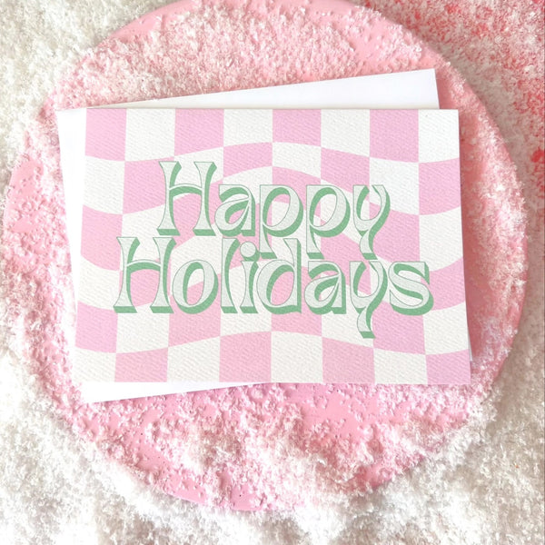 Happy Holidays Checkered Pink Greeting Card
