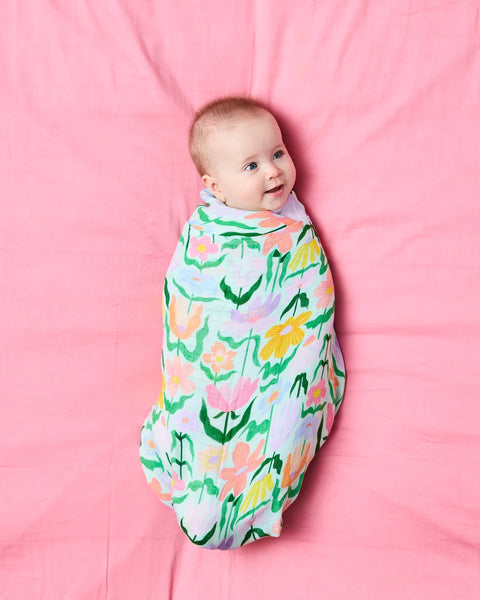 Popping Flowers Green Bamboo Swaddle Blanket