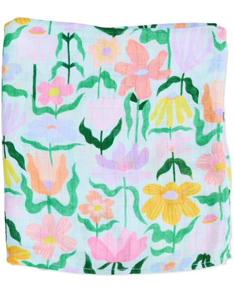 Popping Flowers Green Bamboo Swaddle Blanket