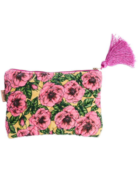 Quilted Velvet Cosmetic Pouch - Golden Peony