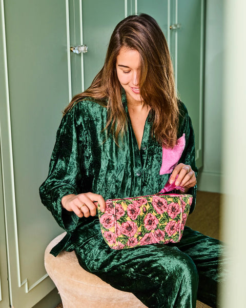 Quilted Velvet Toiletry Bag - Golden Peony