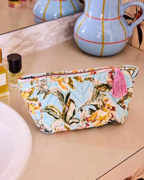 Quilted Velvet Toiletry Bag - Somerset Blue