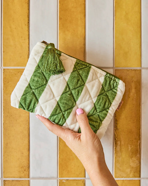 Quilted Velvet Cosmetic Pouch - Moss Stripe