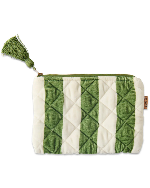 Quilted Velvet Cosmetic Pouch - Moss Stripe