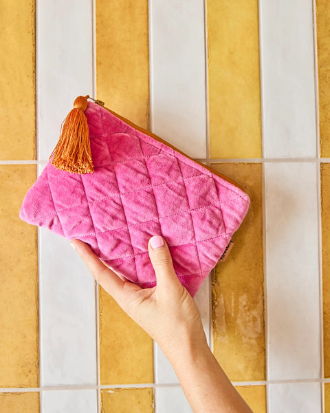 Quilted Velvet Cosmetic Pouch - Pink