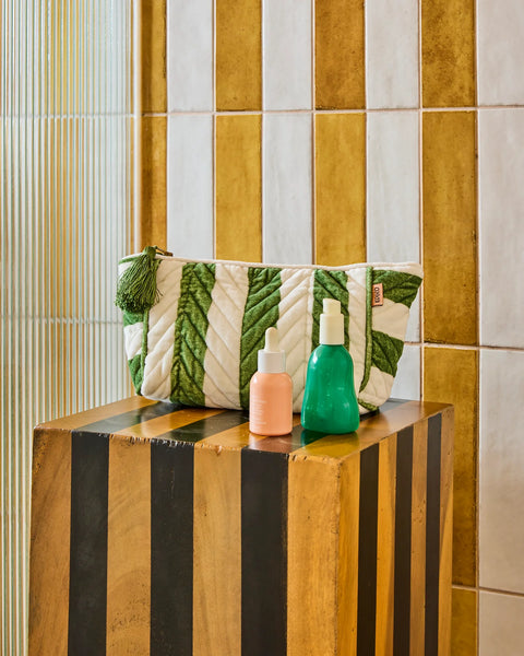 Quilted Velvet Toiletry Bag - Moss Stripe