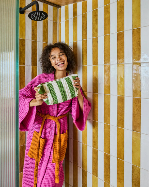 Quilted Velvet Toiletry Bag - Moss Stripe