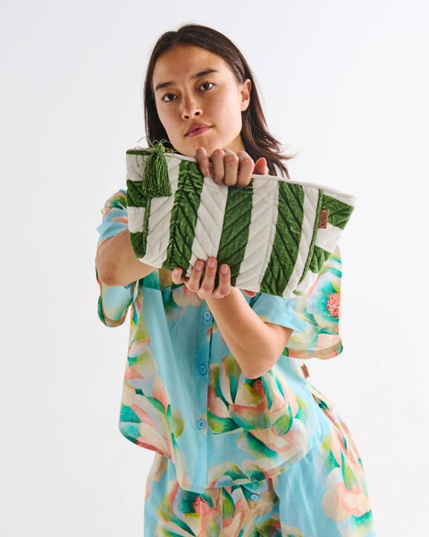 Quilted Velvet Toiletry Bag - Moss Stripe