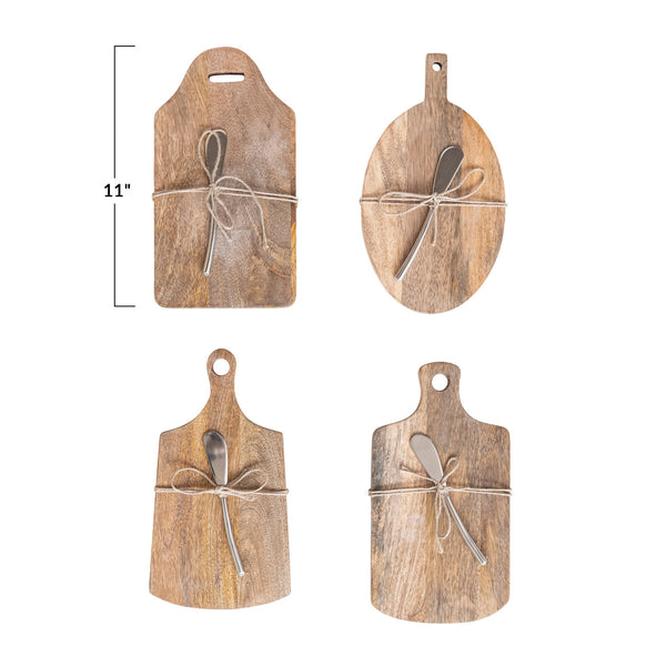 Mango Wood Cheese/Cutting Board & Canape Knife, 4 Styles, Set of 2