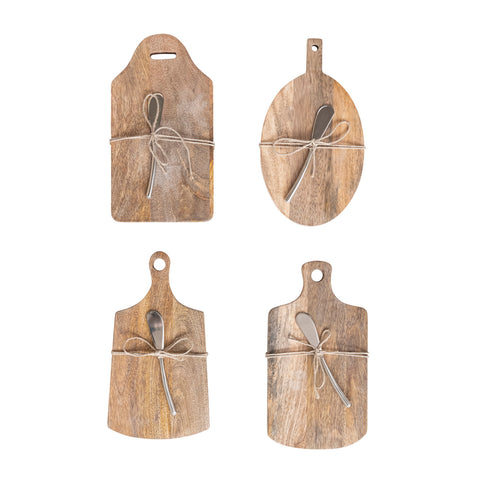 Mango Wood Cheese/Cutting Board w/ Handle & Canape Knife, 4 Styles, Set of 2