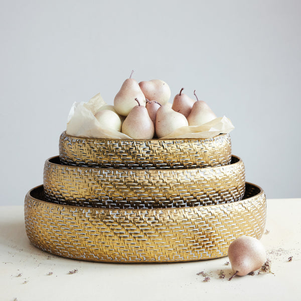 Gold Metal Basket Weave Trays - Set of 3