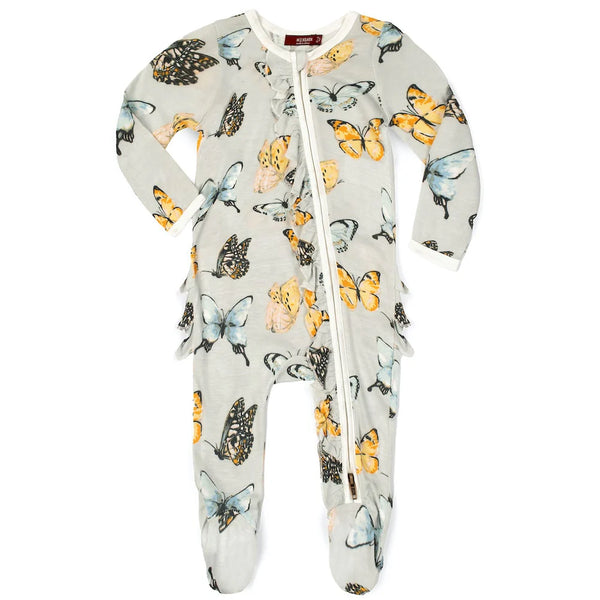 Milkbarn Butterfly Bamboo Ruffle Zipper Footed Romper