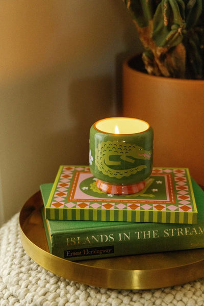 A Dopo 8 oz Hand-Painted "Crocodile" Ceramic Candle - Prickly Pear