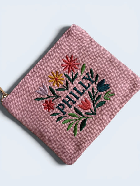 Embroidered Jewelry Pouch - Pink Philly