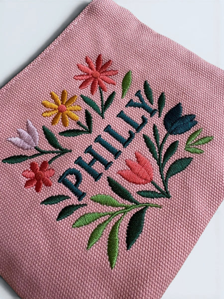 Embroidered Jewelry Pouch - Pink Philly
