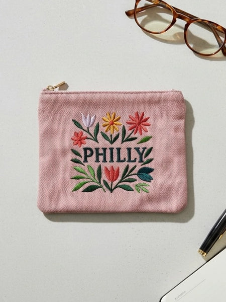 Embroidered Jewelry Pouch - Pink Philly