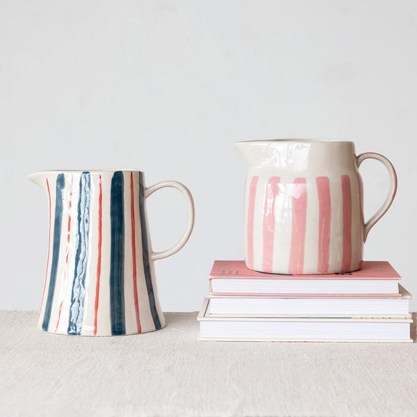 Hand-Painted Stoneware Pitcher w/ Pink Stripes