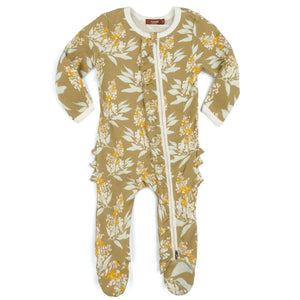 Milkbarn Gold Floral Organic Cotton Ruffle Zipper Footed Romper