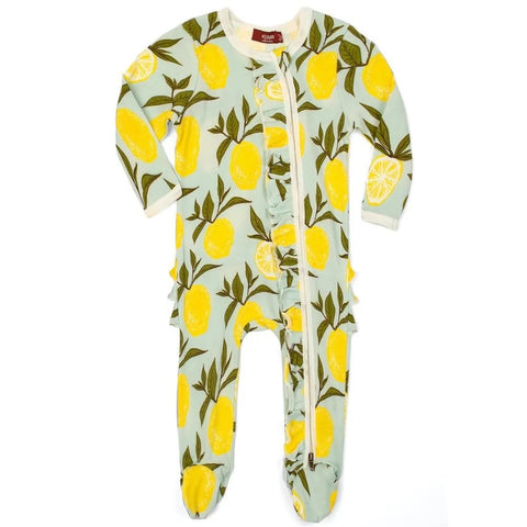 Milkbarn Lemon Organic Cotton Ruffle Zipper Footed Romper