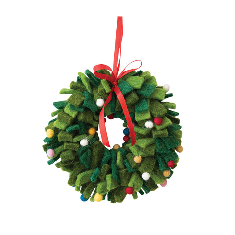 7" Round Handmade Wool Felt Wreath Ornament w/ Multi Color Pom Poms, Green