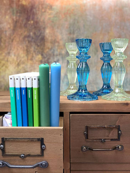 Tall Glass Taper Candlestick Holder- Blue