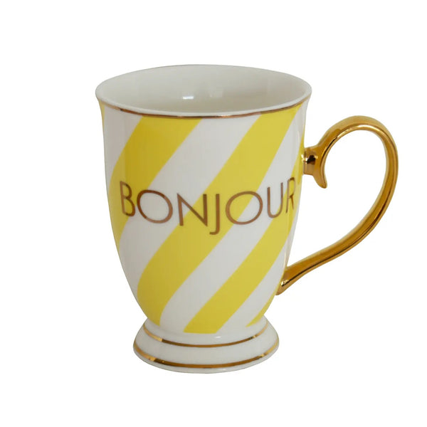 Bonjour Yellow Striped Typography Mug